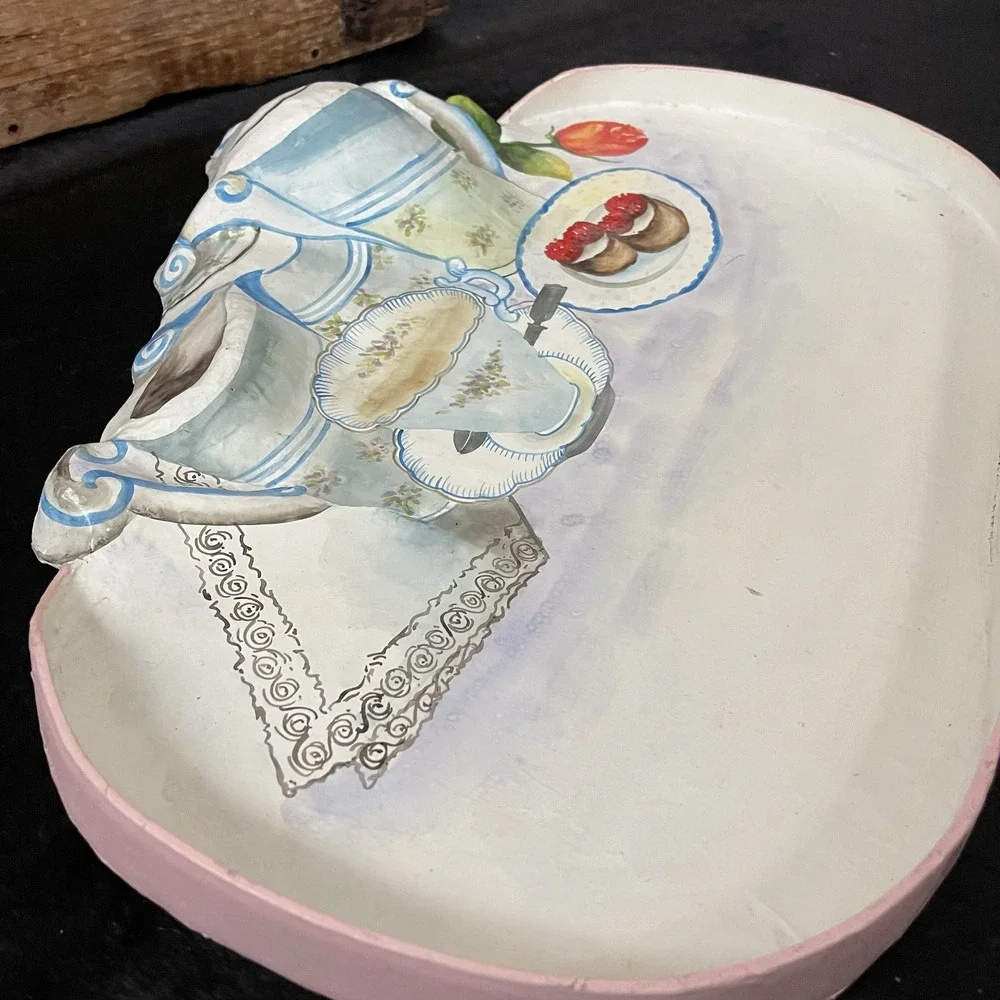 Vtg Paper‎ Mache Serving Tray Dessert Platter MCM Kitsch Handpainted Thailand